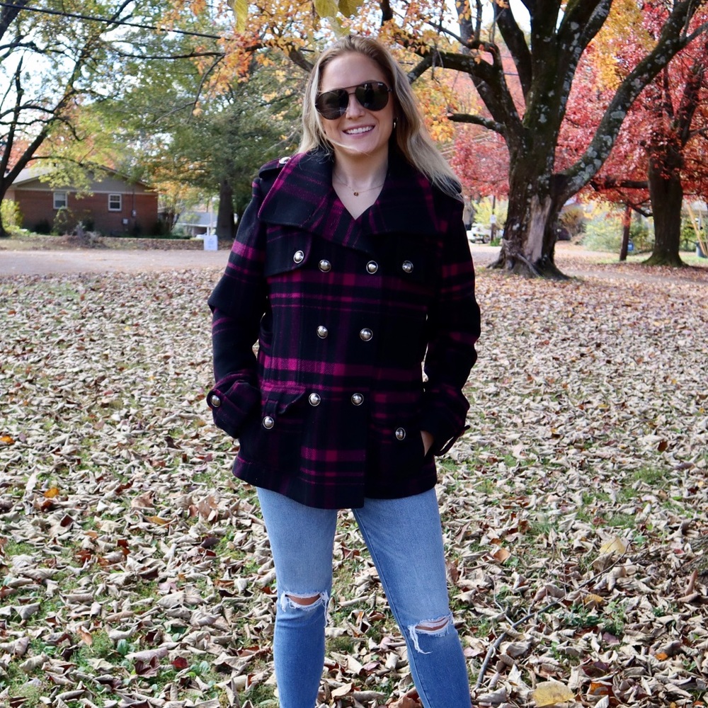 Pink and black plaid pea coat